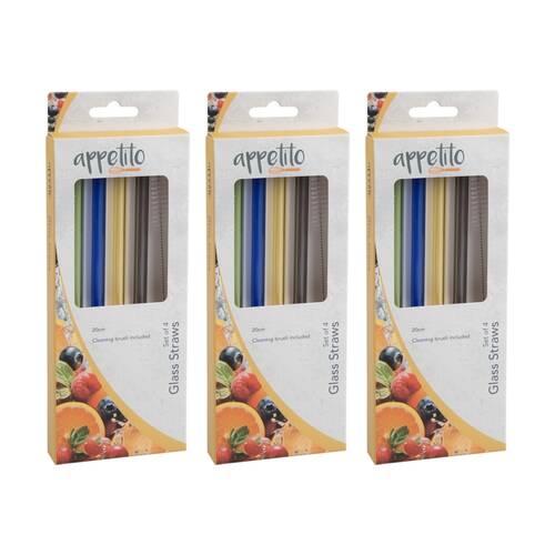 3x 4pc Appetito Borosilicate Glass Straw Set Straight 20cm Multi-Coloured