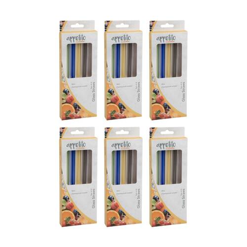 6x 4pc Appetito Borosilicate Glass Straw Set Straight 20cm Multi-Coloured
