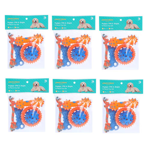 6x 5pc Paws And Claws Puppy Pack TPR Rope Toy Set Puppies/Small Dogs Multicoloured