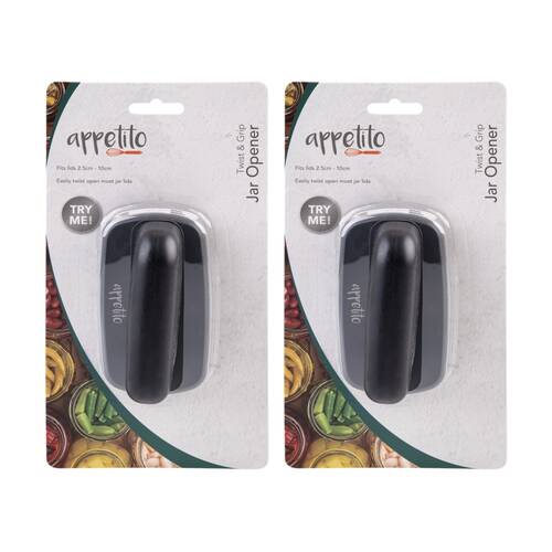 2PK Appetito Twist & Grab Jar Opener Kitchen Tool Black Fits 2.5cm-10cm Lids