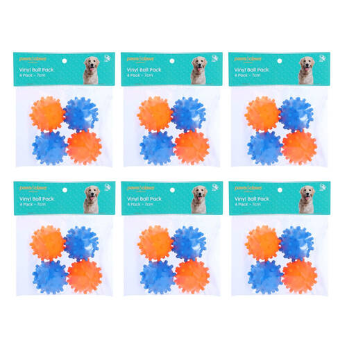 6x 4pc Paws And Claws Vinyl Ball Dog Pet Play Fetch Toy Set 7cm Assorted