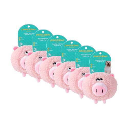 6x Paws And Claws Plush Round Animal Squeaky Dog Pet Toy 18x18x18cm Assorted