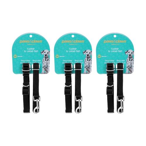 3x Paws And Claws Essentials Dog Collar & Lead Set Medium 30-50cm 120x1.5cm Asstd
