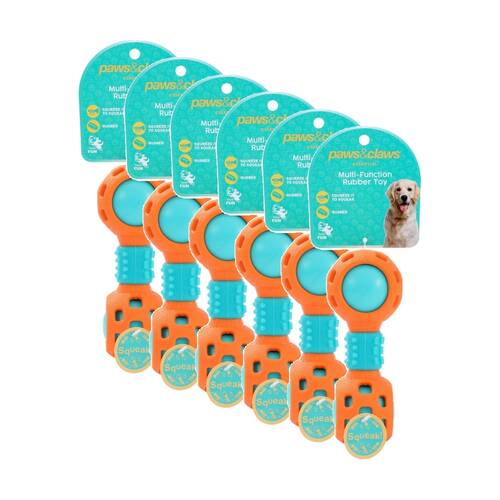 6x Paws And Claws Multi-Function Dumbell Pet Dog Chew Toy W/ Squeaky Ball Assorted