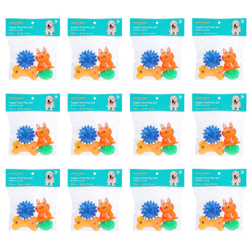 12x 4pc Paws And Claws Vinyl Play Puppy/Dog Chew/Squeaker Toy Set Multicoloured