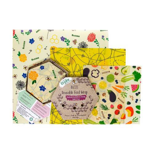 3pc Buzzee Reusable Organic Beeswax Wraps Kitchen Accessory Assorted Designs