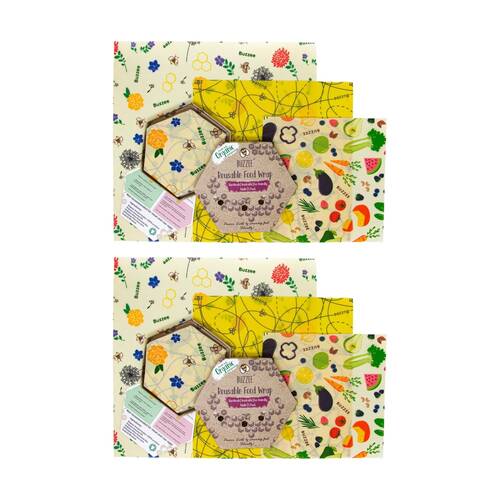 2x 3pc Buzzee Reusable Organic Beeswax Wraps Kitchen Accessory Assorted Designs