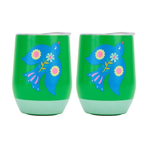 2PK Annabel Trends Drink Tumbler Double Walled Green & Blue Fiesta Bird 350ml