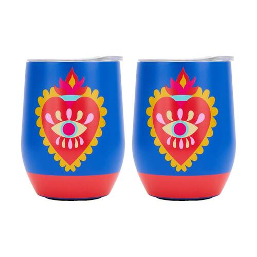 2PK Annabel Trends Drink Tumbler Double Walled Blue & Red Fiesta Heart 350ml