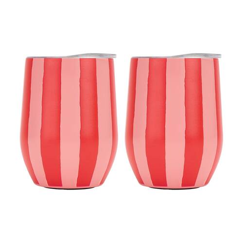 2PK Annabel Trends Drink Tumbler Double Walled Red & Pink Stripe 350ml