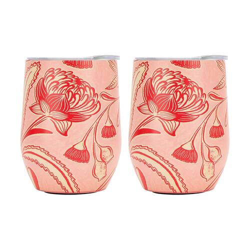 2PK Annabel Trends Drink Tumbler Double Walled Red & Pink Trailing Natives 350ml