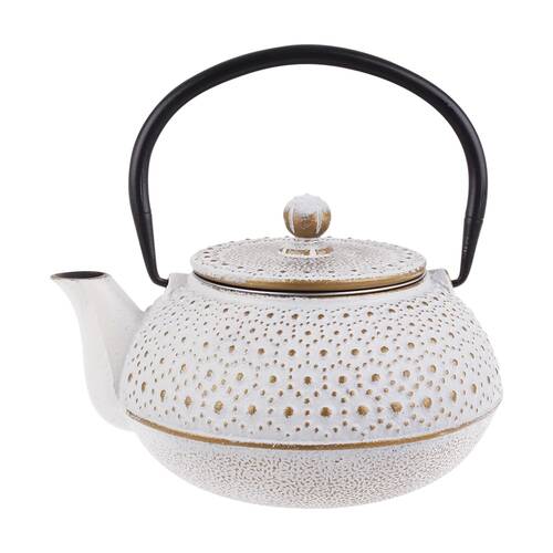 Teaology Cast Iron Teapot W/ Stainless Steel Infuser Beaded White/Gold 600ml
