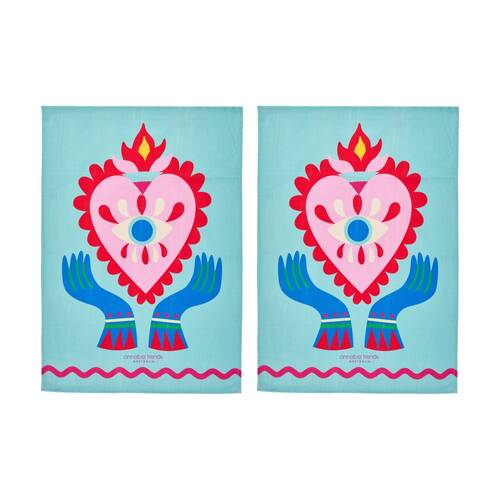 2PK Annabel Trends Kitchen Tea Towel Fiesta Heart Print 100% Cotton 70x50cm