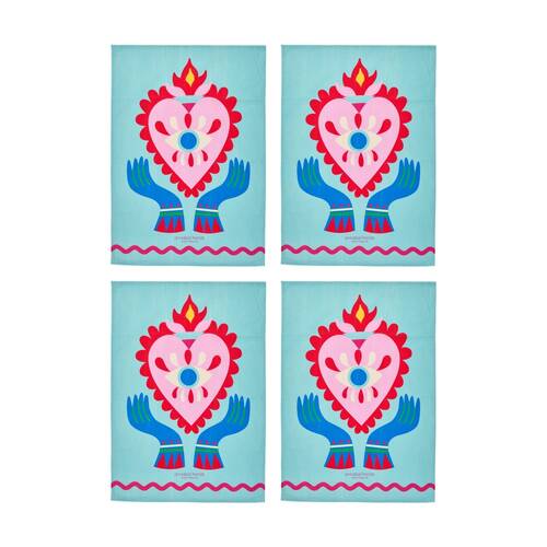 4PK Annabel Trends Kitchen Tea Towel Fiesta Heart Print 100% Cotton 70x50cm