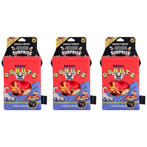 3x Paws And Claws Snack Surprise Doggy Donuts Pet Dog Chew Squeaker Toy 20x14.5x5cm