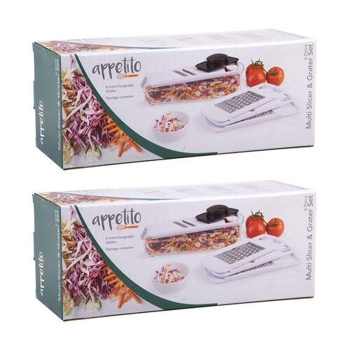 2x 6pc Appetito Multi Slicer & Grater Kitchen Tool Set W/ Safety Holder White