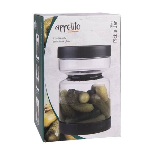 Appetito Borosilicate Glass Pickle Jar W/ Built-In Drain Insert Black 1.1L