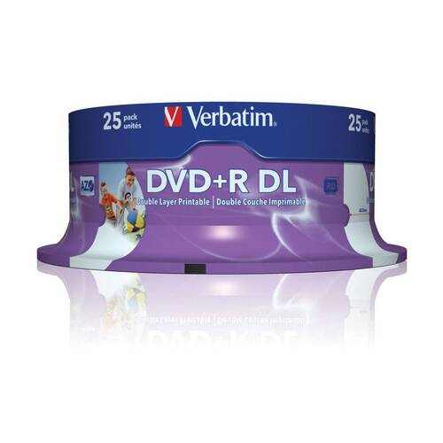 25pc VERBATIM DVD+R Double Layer White Wide Inkjet Blank Discs 8x 8.5GB