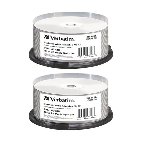 2 x 25pc VERBATIM Blu-ray Disc Recordable White Wide Inkjet Blank Discs 6x 25GB
