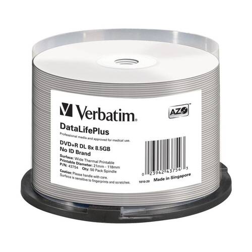 50pc VERBATIM DVD+R Double Layer White Wide Thermal Blank Discs 8x 8.5GB