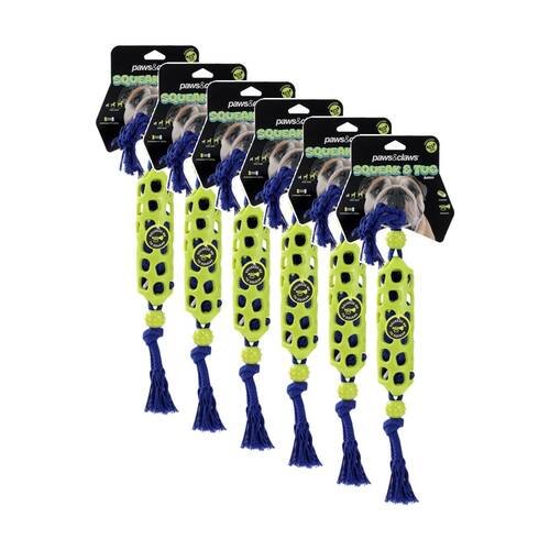 6x Paws And Claws Squeak & Tug Baton/Rope Pet Dog Chew/Fetch Toy 45x5x5cm Assorted