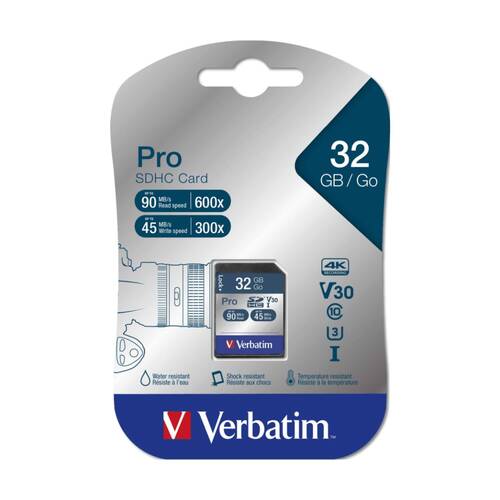VERBATIM Pro SDHC High Capacity Card UHS-I Reads 90MB/S Wires 45MB/S 32GB