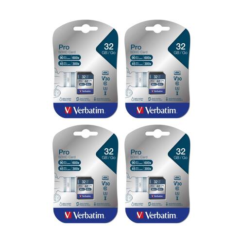 4PK VERBATIM Pro SDHC High Capacity Card UHS-I Reads 90MB/S Wires 45MB/S 32GB