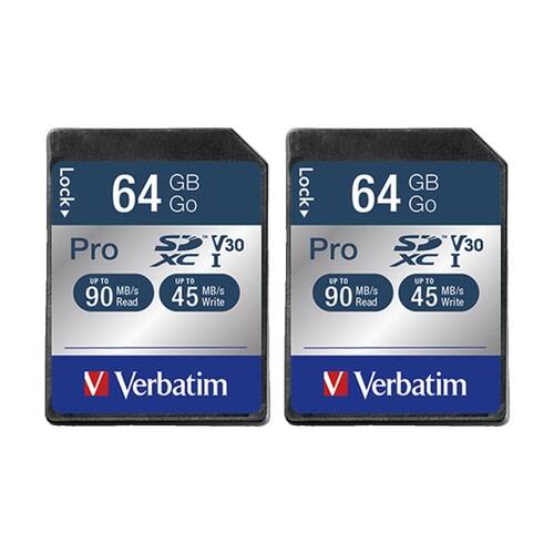 2PK VERBATIM Pro SDHC High Capacity Card UHS-I Reads 90MB/S Wires 45MB/S 64GB