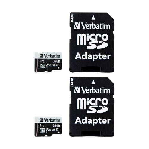 2PK VERBATIM Pro Micro SDHC Card (Class 10 UHS-I U3) w/ Adaptor 32GB