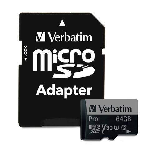 VERBATIM Pro Micro SDHC Card (Class 10 UHS-I U3) w/ Adaptor 64GB