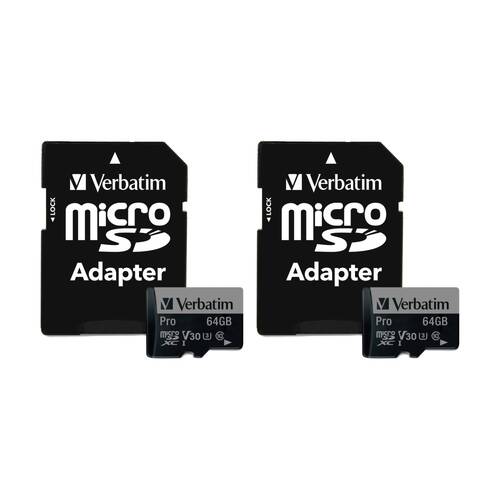 2PK VERBATIM Pro Micro SDHC Card (Class 10 UHS-I U3) w/ Adaptor 64GB