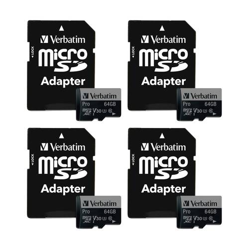 4PK VERBATIM Pro Micro SDHC Card (Class 10 UHS-I U3) w/ Adaptor 64GB