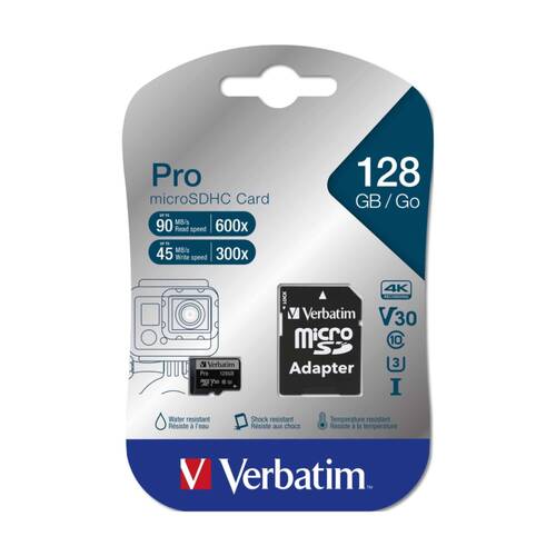 VERBATIM Pro Micro SDXC Card (Class 10 UHS-I U3) w/ Adaptor 128GB