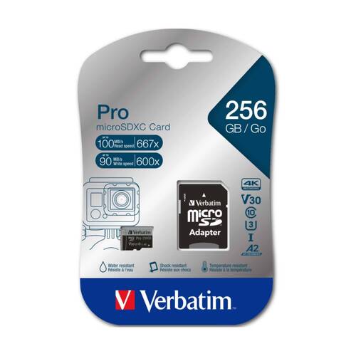 VERBATIM Pro Micro SDXC Card (Class 10 UHS-I U3) w/ Adaptor 256GB