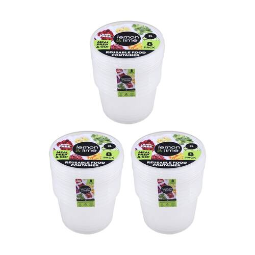 3x 8pc Lemon And Lime Reusable Round Plastic Food Container Set 2L Capacity