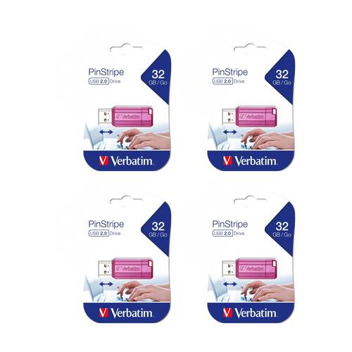 4PK VERBATIM Lightweight Pinstripe Retractable USB 2.0 Flash Drive 32GB Pink
