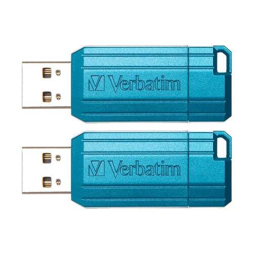 2PK VERBATIM Pinstripe Retractable USB 2.0 Flash Drive 32GB Caribbean Blue