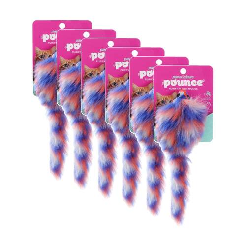 6PK Paws And Claws Pounce Furry Plush Mouse Cat Toy Assorted 17x4cm