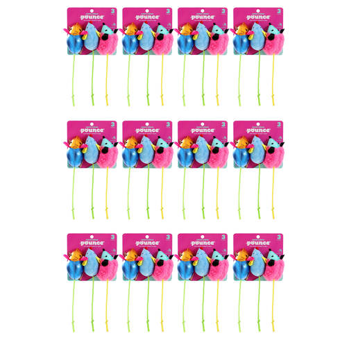 12x 3pc Paws And Claws Mice Variety Mix Cat Batting/Pouncing Toy Set Assorted