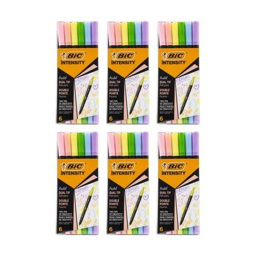 6PK Bic Dual Tip Felt Pens Intensity Assorted Colours Pastel Shades Set 6pc