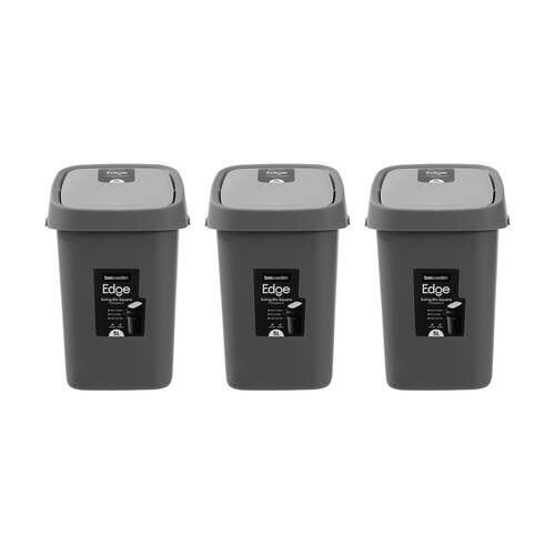 3PK Boxsweden Edge Swing Easy Clean Rubbish Bin W/ No Drip Rim Char Square 5L
