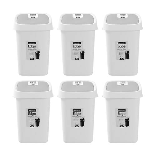 6PK Boxsweden Edge Swing Easy Clean Rubbish Bin W/ No Drip Rim White Square 5L