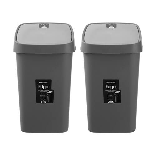 2PK Boxsweden Edge Swing Easy Clean Rubbish Bin W/ No Drip Rim Char Square 40L