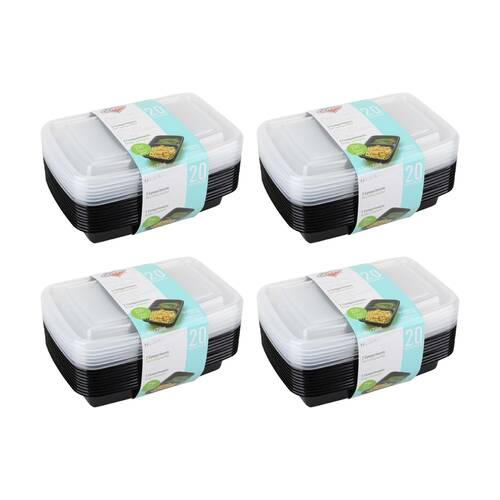 4x 20pc Fresh Guard Plastic Bento Style Containers W/ 2 Sections 750mL