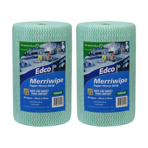 2x 90pc Edco Merriwipe Heavy Duty Thick Cleaning Absorption Wipes Roll Green