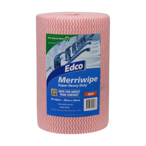 90pc Edco Merriwipe Super Heavy Duty Thick Cleaning Absorption Wipes Roll Red