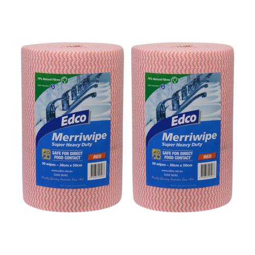 2x 90pc Edco Merriwipe Super Heavy Duty Thick Cleaning Absorption Wipes Roll Red
