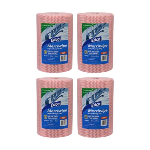 4PK 90pc Edco Merriwipe Super Heavy Duty Thick Cleaning Absorption Wipes Roll Red
