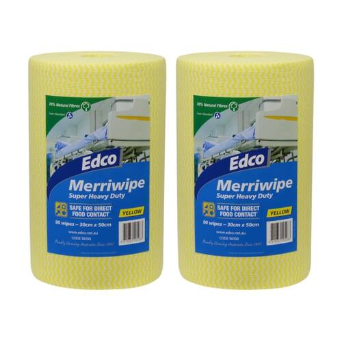 2x 90pc Edco Merriwipe Heavy Duty Thick Cleaning Absorption Wipes Roll Yellow