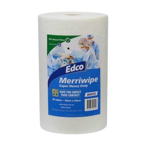 90pc Edco Merriwipe Super Heavy Duty Thick Cleaning Absorption Wipes Roll White
